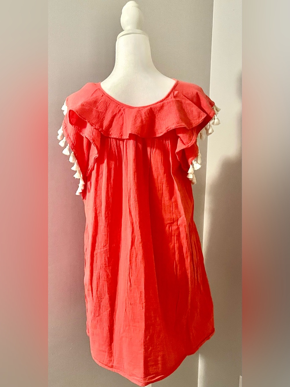 Crewcuts size 14 Coral Red Tassel-Trim Ruffle Dress